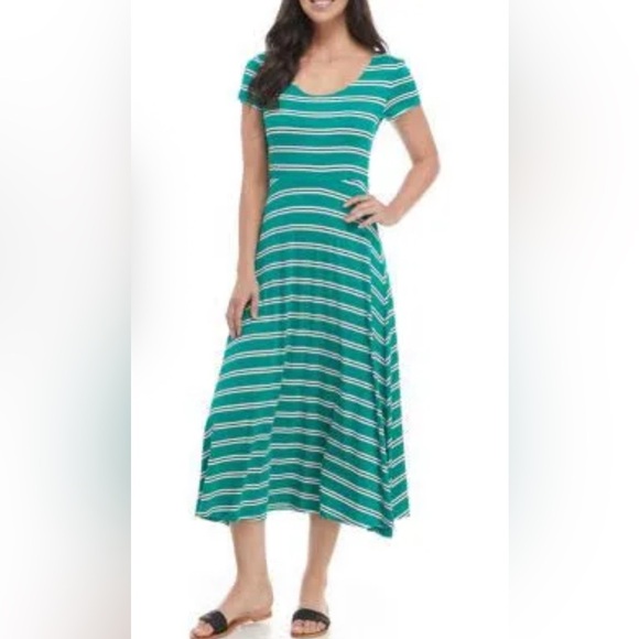 Ronni Nicole White and Green Casual A-Line Maxi Dress Size Large Jersey Striped - Picture 1 of 8